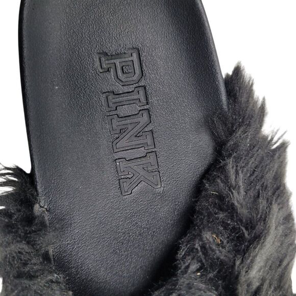 Victoria's Secret Pink Womens Faux Fur Slide Slippers Black S Fuzzy Open Toe - Picture 3 of 11